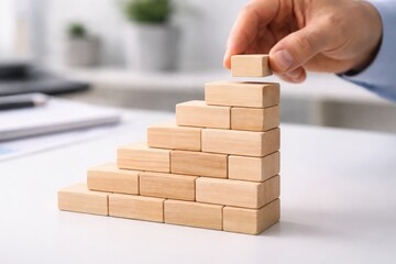 Businessman building wooden block staircase on office desk