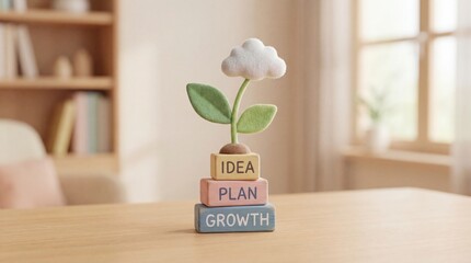 A small plant grows from stacked blocks labeled idea, plan, and growth on a light wooden table in a bright room with a window