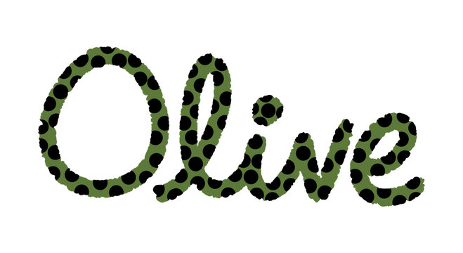 Olive text artwork featuring green letters with black polka dots on a transparent background for decorative purposes, olive word typography
