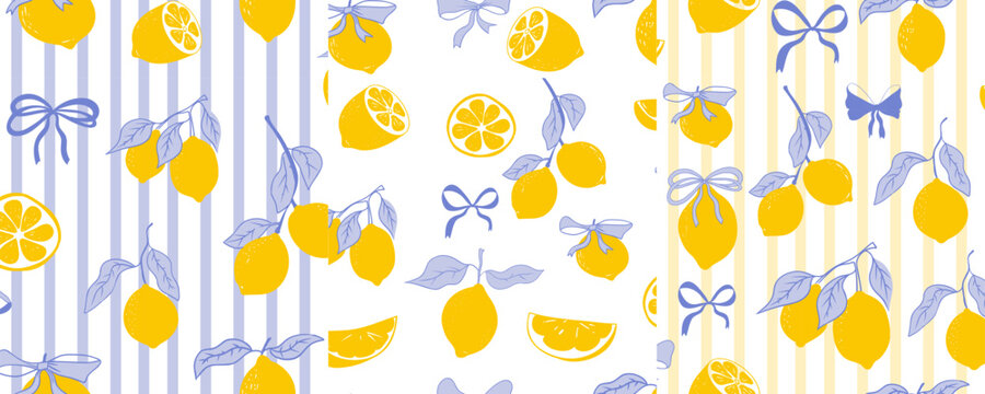 Coquette print lemon set pattern, bow, stripes. Floral trellis citrus set bg, background. Lemon with leaves, lemon slice, part.