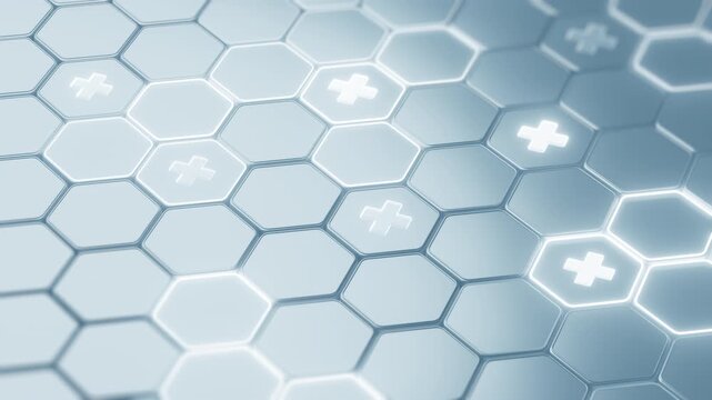 Futuristic medical background. Abstract hexagonal grid pattern, glowing plus signs. Digital healthcare technology, science, data, innovation. Clean blue white backdrop, modern texture, wallpaper