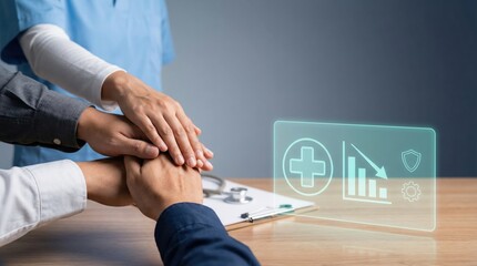 Healthcare team stacking hands with medical data icon, collaboration