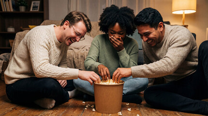 A diverse group of three young friends laughing hysterically while sharing a bucket of popcorn together on the floor at home.