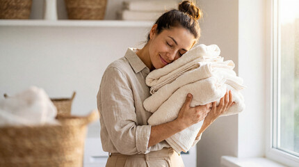 Happy young woman smiling with eyes closed, smelling a stack of fresh clean folded white towels after laundry in a sunlit home.