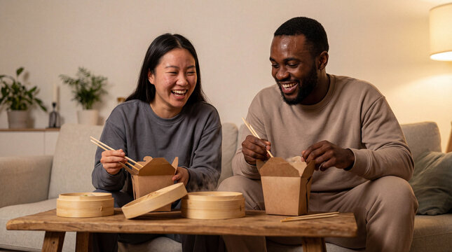 Happy mixed-race couple laughing while eating Asian takeout food together at home on the sofa in their living room.