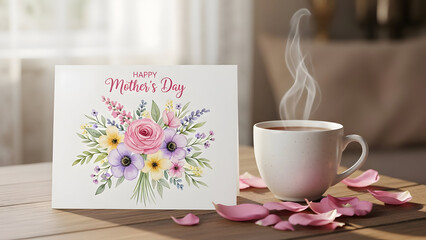 Mother's day card and steaming cup of coffee on a table