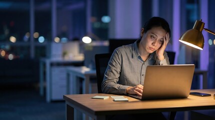 Exhausted woman working late on laptop at night, workplace burnout
