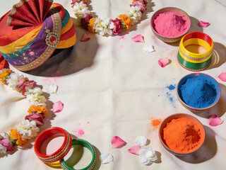 vibrant holi setup with colorful turban, flower garland and powder bowls for festival celebration, cultural tradition and editorial stock imagery