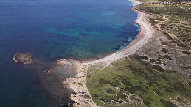 Drone aerial panorama of Is Arutas Beach, Sinis Peninsula, Sardinia