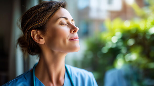 Female nurse or doctor enjoying free time at home after work, faceless healthcare professional, meditating by window, work-life balance importance, defocused interior, with copy sp - Powered by Adobe