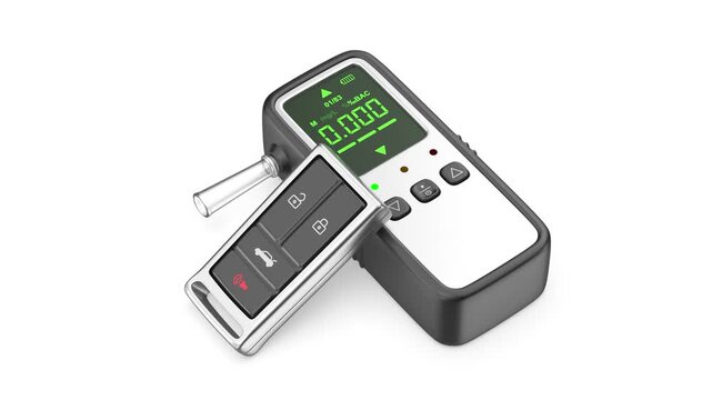 Portable digital breathalyzer and car key on white background