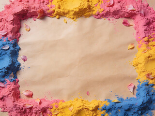 festive frame of red, blue, green and yellow powders for holi day, luxury branding and digital background visuals