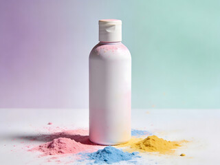 minimalist holi spray bottle surrounded by rainbow powder piles on pastel gradient background for festival fun, beauty and editorial stock imagery