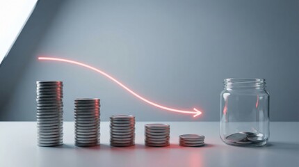 Decreasing coin stacks leading to empty jar with arrow, shrinking savings