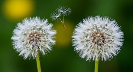 Closeup of two white dandelion seed heads with one seed floating in the air green nature