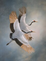 Obraz premium Cranes flying together in the sky during daylight with a soft background and clear feathers, wall art poster