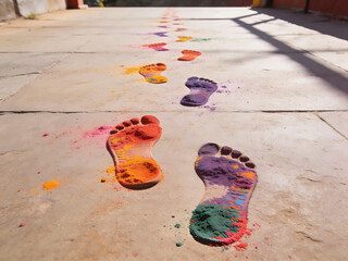 dynamic ground-level shot of multicolored footprints under sunlight for spring festival, creativity and social media stock photos