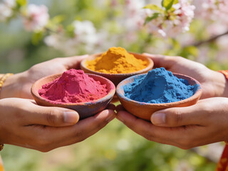 colorful holi pigments in wooden bowls cradled gently in palms for happy holi, spring tradition and editorial lifestyle visuals