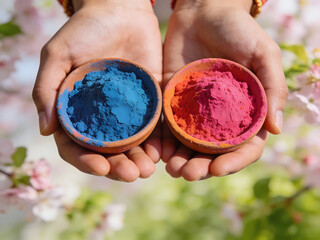 hands holding bowls of vibrant blue and pink holi powder against blooming floral backdrop for festival joy, cultural celebration and stock imagery