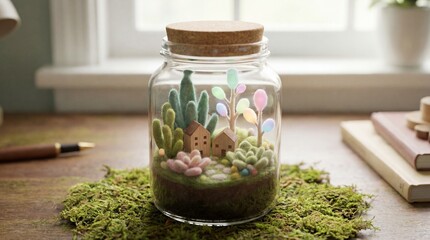 A serene miniature garden in a glass jar on a wooden table near a window.