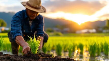 Traditional Farmer Working in Rice Field at Sunset with Lush Greenery Nearby