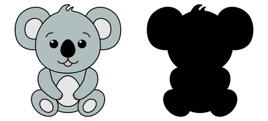 Koala bear character. Color and silhouette adorable animal. Vector illustration isolated on white.
