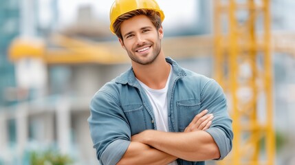 Smiling worker in hard hat stands confidently on construction site during day
