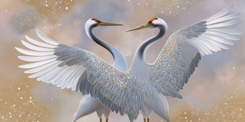Obraz premium Two cranes display their wings in a graceful pose against a soft background during a calm moment in nature
