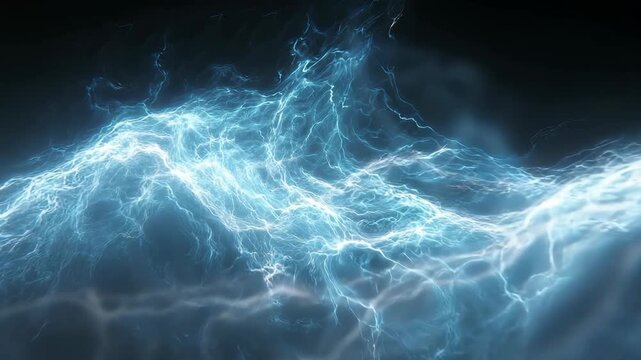Abstract electricity lightning energy plasma light wave ripple glowing blue electric current flowing across dark background, ionized power texture, dynamic light waves and ripples for futuristic
