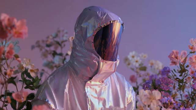 Reflective suit with hood and visor flower garden pastel purple futuristic portrait of faceless figure in metallic outerwear mirrored helmet glow soft studio light rippling fabric motion