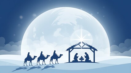 Vector illustration of a festive Christmas night landscape featuring a cozy house and snowy village under a starry moonlit sky with Santa and winter trees