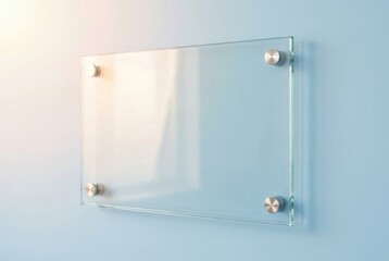 An empty, clear rectangular glass plaque is securely mounted with four elegant metal standoffs against a clean, light blue wall, providing a sophisticated template for custom signage.