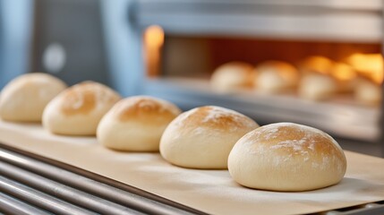 Freshly made dough balls placed on parchment paper near a baking oven for cooking in a busy kitchen setting in the afternoon