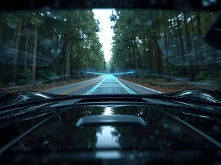 Futuristic car interior perspective showing advanced augmented reality navigation system projecting futuristic glowing blue path on winding road through dense green forest during daytime drive