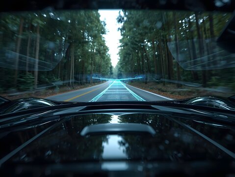 Futuristic car interior perspective showing advanced augmented reality navigation system projecting futuristic glowing blue path on winding road through dense green forest during daytime drive - Powered by Adobe