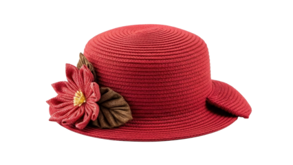 Coral Red Straw Hat with Decorative Flower on Transparent PNG Image