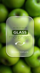 Glassmorphism vector banner template with frosted glass rounded frame over green apples background, modern blur UI design for organic branding, fresh food advertising, web headers and posters
