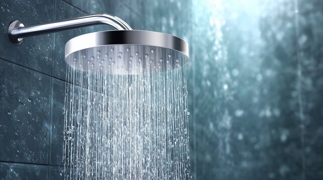 Water flows from a shower head in a modern bathroom setting during daytime hours
