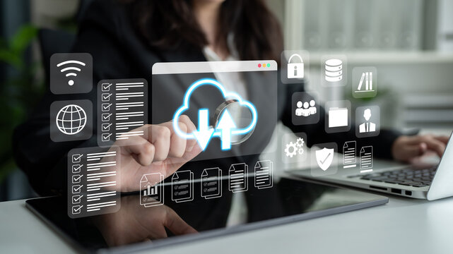 Cloud upload and download icon with surrounding data management, security, and analytics icons in digital interface Parse - Powered by Adobe