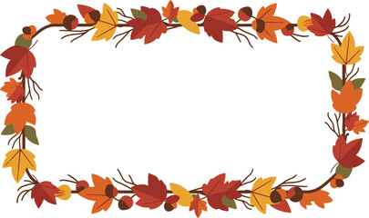 Beautifully designed autumnal frame adorned with a rich assortment of colorful fall leaves and acorns, creating a warm and inviting border for your seasonal graphic projects and invitations