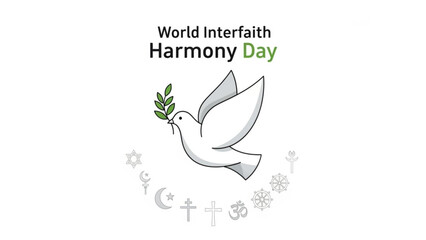 World interfaith harmony day dove with olive branch and religious symbols