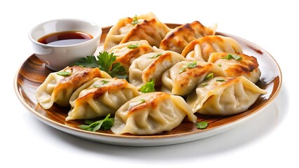 Plate of pan-fried gyoza dumplings with soy dipping sauce and parsley garnish