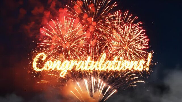 Fireworks exploding in night sky with congratulations message in bright lights