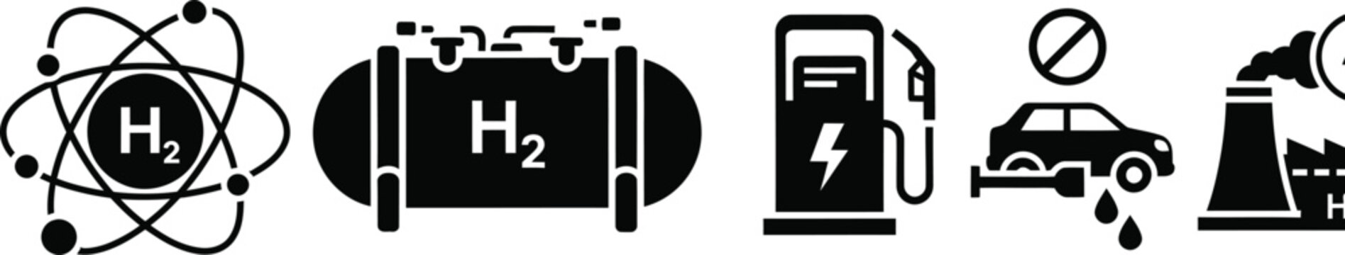 Collection of hydrogen energy icons showing fuel cell and eco car