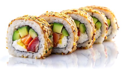 Premium Uramaki Sushi Rolls with Salmon, Tuna, Avocado, and Creamy Cheese, Topped with Toasted Sesame Seeds on White Background