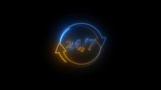 Glowing neon 24 hours 7 days in week order execution or service icons. Customer service icon animation .Emergecy service 24/7 animated video on black background.