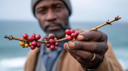 African mature male holding red coffee cherries near ocean