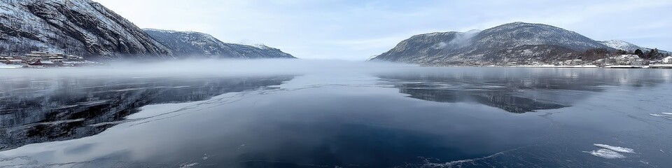 Obraz premium Serene winter panorama of snowy mountains reflecting on a calm lake