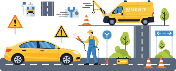 Fototapeta premium Vector road maintenance worker with yellow car and service van