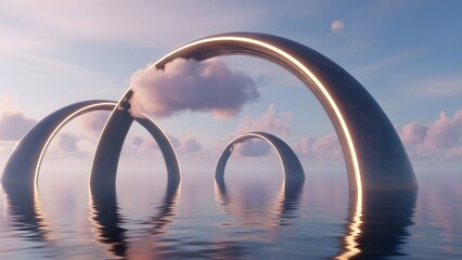 Ethereal arcs over calm waters at sunset